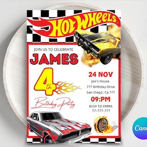 Editable Hot Cars Invitation, Hot Wheels Invitation, Hot Race Cars Birthday Template, Hot Wheels Template, Editable Kids Birthday Invitation