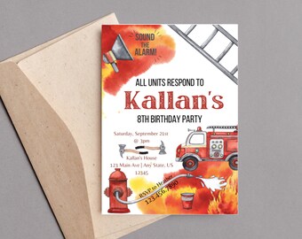 May include: Firefighter themed birthday party invitation with a red fire truck, a fire hydrant, and a ladder. The invitation says "All Units Respond to Kallan's 8th Birthday Party".
