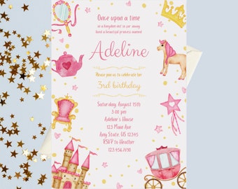 May include: A pink and gold princess-themed birthday invitation with a castle, carriage, unicorn, and crown. The invitation reads "Once upon a time in a kingdom not so far away lived a beautiful princess named Adeline. Please join us to celebrate her 3rd birthday. Saturday August 15th 3:00 pm Adeline's House 123 Main Ave Any State, US 12345 RSVP to Heather 123.456.7890"
