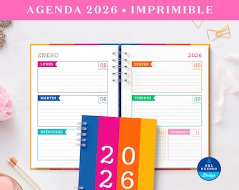 Agenda 2026 Semanal para Imprimir, Semana a la Vista Horizontal, Modelo 3, COLOR, Diseño Minimalista, PDF Tamaño A5, 3 Portadas Coloridas