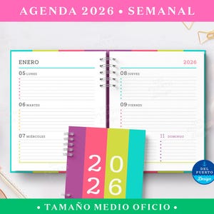 Peut inclure: Un agenda hebdomadaire 2026 à spirales avec une couverture colorée. L'agenda est ouvert sur une page de janvier, avec des pages lignées pour chaque jour. La couverture présente les chiffres "2026" en blanc. Le texte "AGENDA 2026 • SEMANAL" est en haut.