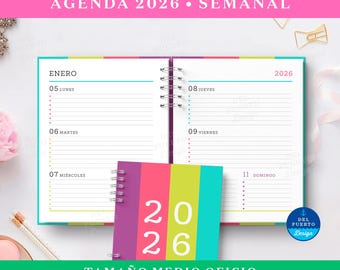 Agenda 2026 imprimible, Planificador semanal 2026, Agenda für 2026 imprimir, Plantilla de Agenda 2026, Agenda digital Tamaño Medio Oficio
