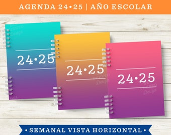 Agenda 2024 2025, Año Escolar, Imprimible, Agosto a Julio, Vista Semanal Horizontal, Modelo 2 Color, Notas Bullet Journal, 3 Portadas Color