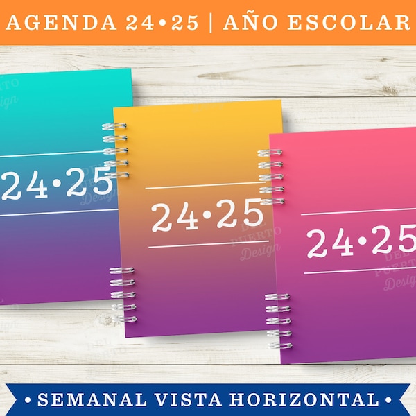 Agenda 2024 2025, Año Escolar, Imprimible, Agosto a Julio, Vista Semanal Horizontal, Modelo 2 Color, Notas Bullet Journal, 3 Portadas Color