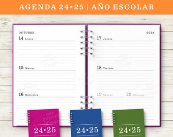 Agenda 2024 2025, Año Escolar, Imprimible, Agosto a Julio, Vista Semanal Horizontal, Blanco y Negro, 3 Portadas Color (Morado, Azul y Verde)