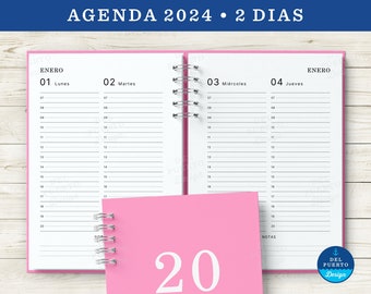 Agenda 2024 para Imprimir, 2 Dias por Pagina Vista Vertical, Blanco y Negro, Diseño Minimalista, PDF Tamaño A5, MUY COMPLETA