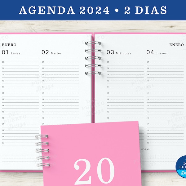 Agenda 2024 para Imprimir, 2 Dias por Pagina Vista Vertical, Blanco y Negro, Diseño Minimalista, PDF Tamaño A5, MUY COMPLETA