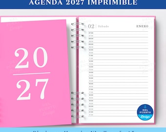 May include: A pink 2027 planner with a spiral binding. The cover displays the year 2027 in white text. The open page shows a daily schedule for January 2nd, Saturday, with hourly time slots from 7:00 to 21:30 and a blue circular logo.