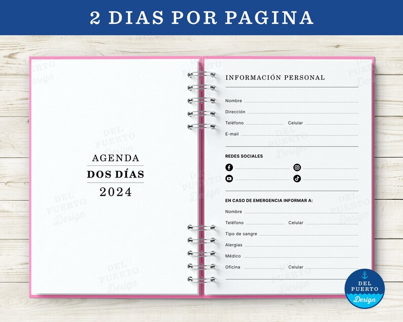 Agenda 2024 para Imprimir, 2 Dias por Pagina Vista Vertical, Blanco y Negro, Diseño Minimalista, PDF Tamaño A5, MUY COMPLETA image 3