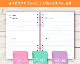 Agenda 2024 2025, Año Escolar, Imprimible, Agosto a Julio, Dos Dias por Pagina, Blanco y Negro, 3 Portadas Color (Rosa, Turquesa y Lavanda)