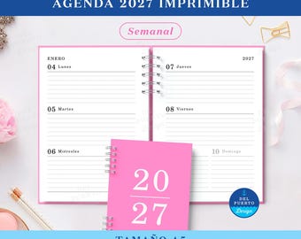 Agenda Imprimible 2027, Planificador Semanal Horizontal, Archivo Digital PDF, Format A5, SHV1