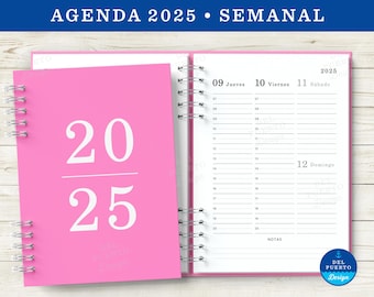 Agenda 2025 Semanal para Imprimir, Semana a la Vista Vertical, Blanco y Negro, Diseño Minimalista, PDF Tamaño A5, 3 Portadas Color Pastel