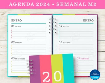 Agenda 2024 Semanal para Imprimir, Semana a la Vista Horizontal, Modelo 2, COLOR, Diseño Minimalista, PDF Tamaño A5