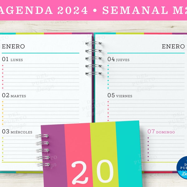 Agenda 2024 Semanal para Imprimir, Semana a la Vista Horizontal, Modelo 2, COLOR, Diseño Minimalista, PDF Tamaño A5