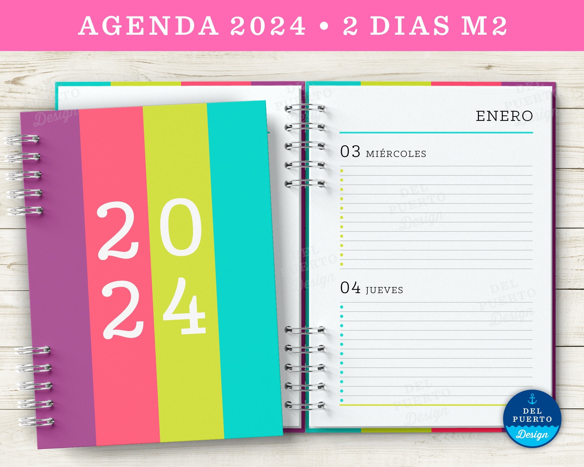 2024 Agenda Diaria Imprimible Un Día Por Página Organizador Diario 366 Días  Con Fecha En Am/pm O Tiempo 24 Horas. Español. PDF A5 