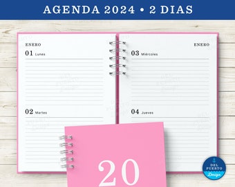 Agenda 2024 para Imprimir, 2 Dias por Pagina Horizontal, Blanco y Negro, Diseño Minimalista, PDF Tamaño A5, MUY COMPLETA