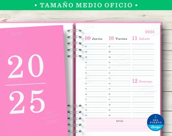 Agenda 2025 Imprimible, SEMANAL, Vista Vertical, Interior Negro y Rosa, PDF Tamaño Medio Oficio, 3 Portadas Color Pastel