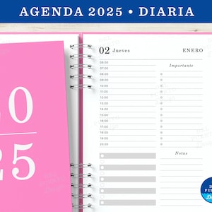 Agenda 2025 Imprimible, Diaria, Un Dia por Pagina, Con Horarios, Blanco y Negro, PDF Tamaño A5, 3 Portadas Coloridas, MUY COMPLETA