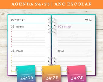 Agenda 2024 2025, Año Escolar, Imprimible, Agosto a Julio, 2 Días por Página, Modelo 2 Color, Notas Bullet Journal, 3 Portadas Color