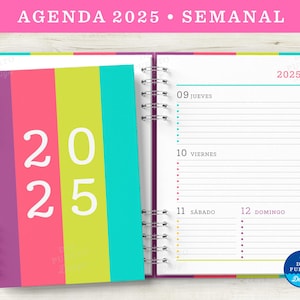 Agenda 2025 Imprimible, Semana a la Vista Horizontal, Modelo 2, COLORIDA, Diseño Minimalista, PDF Tamaño A5, 3 Portadas Coloridas