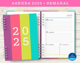 Agenda 2025 Imprimible, Semana a la Vista Horizontal, Modelo 2, COLORIDA, Diseño Minimalista, PDF Tamaño A5, 3 Portadas Coloridas