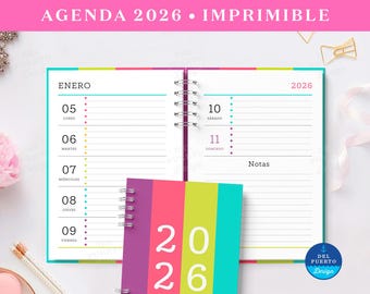 Agenda 2026 imprimible, Planificador semanal 2026, Agenda para imprimir 2026, Plantilla de agenda 2026, Agenda digital colorida tamaño A5