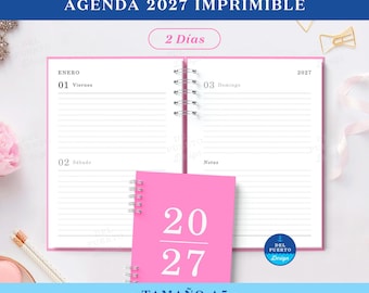 Agenda Imprimible 2027, Planificador 2 Days por Página, Archivo Digital PDF, Format A5, 2DHV1