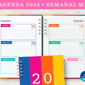 Agenda 2024 Semanal para Imprimir, Semana a la Vista Horizontal Modelo 3, COLOR, Diseño Minimalista, PDF Tamaño A5