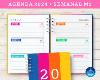 Agenda 2024 Semanal para Imprimir, Semana a la Visvis Horizontales Modell 3, FARBE, Diseño Minimalista, PDF Tamaño A5