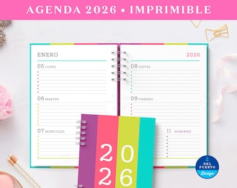 Agenda 2026 imprimible, Planificador semanal 2026, Agenda para imprimir 2026, Plantilla de agenda 2026,  Agenda digital colorida tamaño A5