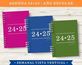 Agenda 2024 2025, Año Escolar, Imprimible, Agosto a Julio, Vista Semanal Vertical, Blanco y Negro, 3 Portadas Color (Morado, Azul y Verde)