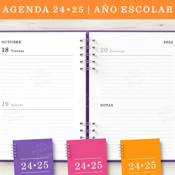 Agenda 2024 2025, Año Escolar, PDF Imprimible, Agosto a Julio, Dos Dias por Pagina Horizontal, 3 Portadas Color (Violeta, Fushia y Naranja)