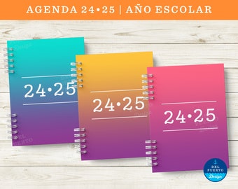 Agenda 2024 2025, Año Escolar, Imprimible, Agosto a Julio, Vista Semanal, Modelo 2 Color, Notas Bullet Journal, 3 Portadas Color