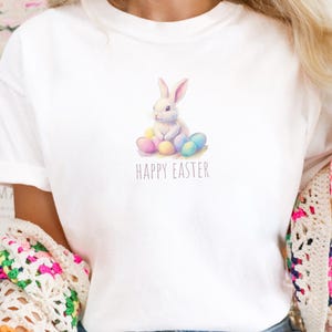 Bunny with Easter Eggs Comfort Colors Shirt, Cute Rabbit Easter Egg Tee, Spring T-shirt, Cute Gift for Easter Hostess, Pastel Colors Easter