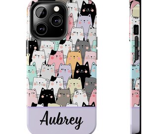 Personalized Cute Cat Phone Case, Gift for Cat Mom, Trendy Phone Case with Custom Name Tough Case, Cat Lover Gift, Gift for Friend, Animals