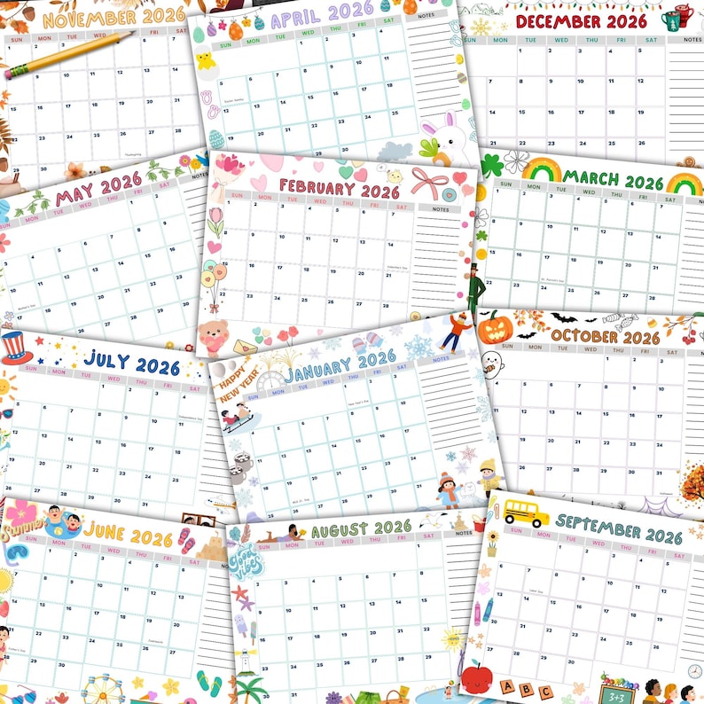 2026 Calendar, Printable Calendar, for Kids, Cute Monthly Themes, PDF ...