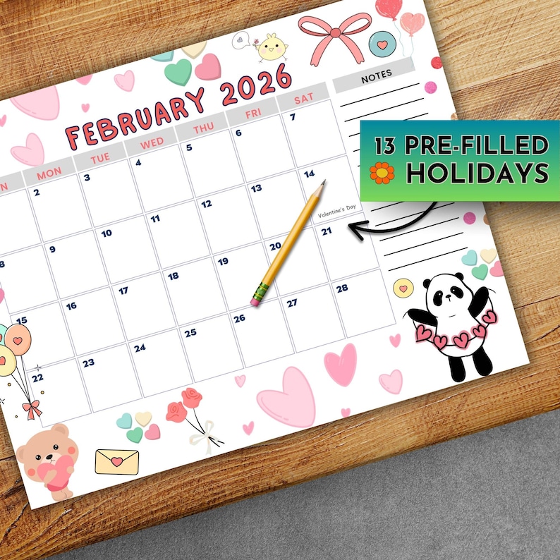 2026 Calendar, Printable Calendar, for Kids, Cute Monthly Themes, PDF ...