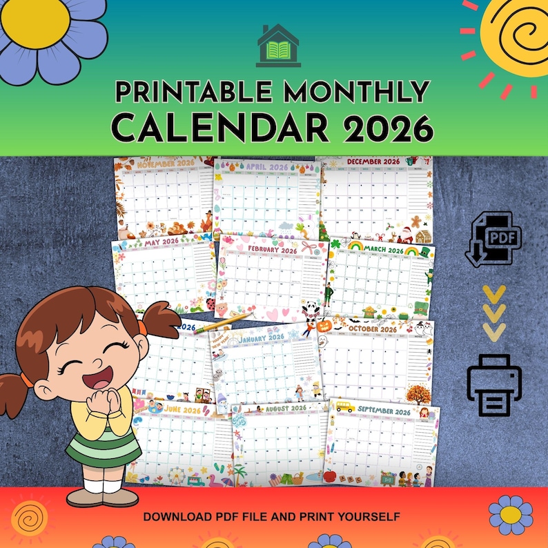 2026 Calendar, Printable Calendar, for Kids, Cute Monthly Themes, PDF ...