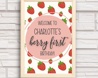 Berry First Birthday Party Editable Welcome Sign | Three Different Sizes | Editable Printable Templates | 8.5x11 | 18x24 | 24x36