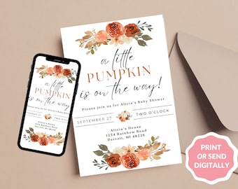 Little Pumpkin On the Way Baby Shower Printable Invitation | 5x7 Digital Downloadable White Floral Fall Baby Shower Invite Template