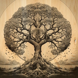May include: A black and white laser engraving design of a tree with roots, branches, and leaves. The design is set against a wood grain background. The text "BUY 1, GET THE SECOND AT 50% OFF 25% AUTOMATIC DISCOUNT BUY 3, PAY FOR 2 33% AUTOMATIC DISCOUNT BUY 5, PAY FOR 3 40% AUTOMATIC DISCOUNT BUY 10, PAY FOR 5 50% AUTOMATIC DISCOUNT" is visible in the upper right corner of the image. The text "INSTANT DOWNLOAD" is visible in the lower right corner of the image. The text "LASER ENGRAVING DESIGN PNG-LIGHTBURN" is visible at the bottom of the image.