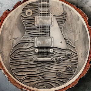 Puede incluir: Un dise&ntilde;o de grabado l&aacute;ser de una guitarra de madera en un tronco de &aacute;rbol. El dise&ntilde;o est&aacute; disponible para descarga instant&aacute;nea y se puede utilizar con el software Lightburn. El texto "BUY 1, GET THE SECOND AT 50% OFF 25% AUTOMATIC DISCOUNT BUY 3, PAY FOR 2 33% AUTOMATIC DISCOUNT BUY 5, PAY FOR 3 40% AUTOMATIC DISCOUNT BUY 10, PAY FOR 5 50% AUTOMATIC DISCOUNT" es visible en la imagen.