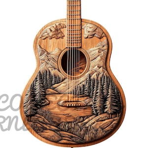 Könnte beinhalten: Eine hölzerne Akustikgitarre mit einer detaillierten Schnitzerei einer Berglandschaft auf der Vorderseite. Die Schnitzerei umfasst Bäume, einen See und Berge.