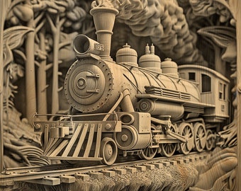 Train Laser Engraving File – 3D Illusion Wall Art (PNG & Lightburn)