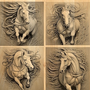 Gravação a laser PNG | Ilusão 3D | Gravado | Pronto para laser | Arquivo de design digital | Cavalo | Cowboy | Lightburn | Arte de parede | Pacote x4 | Xtool