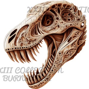 May include: A detailed illustration of a dinosaur skull with intricate bone patterns and a textured surface. The skull is brown and white and has a large open mouth with sharp teeth.