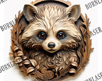 Diseño de mapache grabado a láser / Ilusión 3D, Animal PNG (Archivo digital)