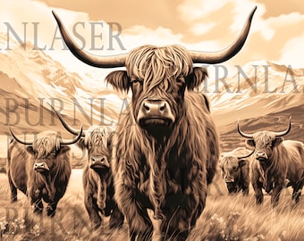 Archivo de grabado láser de vaca de las Tierras Altas: arte mural con ilusión 3D (PNG y LightBurn)