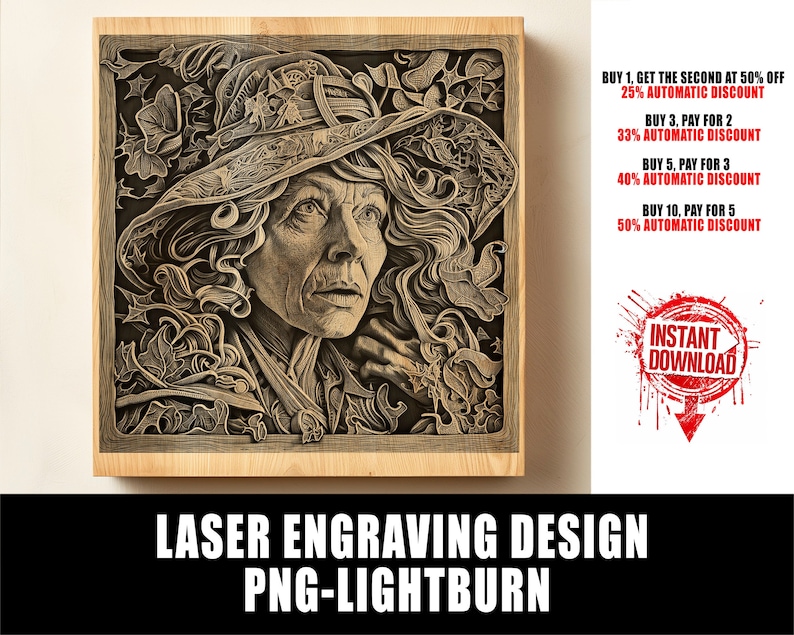 May include: A laser engraving design of a woman with long hair wearing a hat, surrounded by floral details. The design is in black and white and is suitable for use with a laser cutter. The image includes the text "LASER ENGRAVING DESIGN PNG-LIGHTBURN".