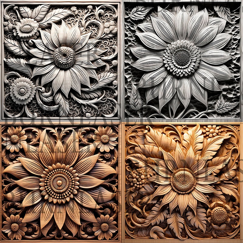 Lasergravur PNG | 3D Illusion | Gravur | Laserbereit | Digitale Designdatei | Sonnenblume | Blumen | blumig | Blumen | Bündel x4 | Artnr